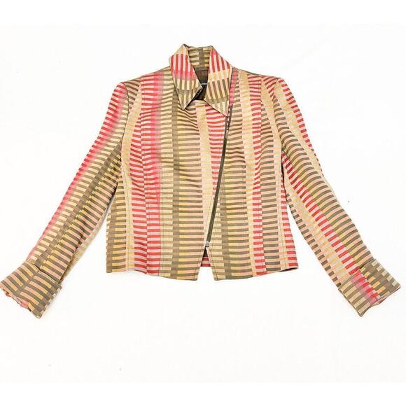 Claudia Strater Linen Motorcycle Woven Line Patterned Jacket Blazer Top Size 38 - Picture 7 of 7